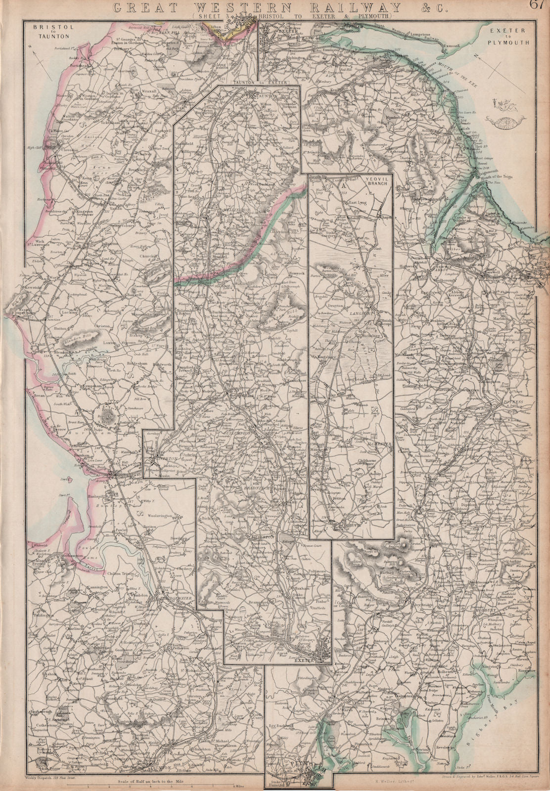 GREAT WESTERN RAILWAY 3. Bristol to Exeter, Plymouth & Yeovil. WELLER 1863 map